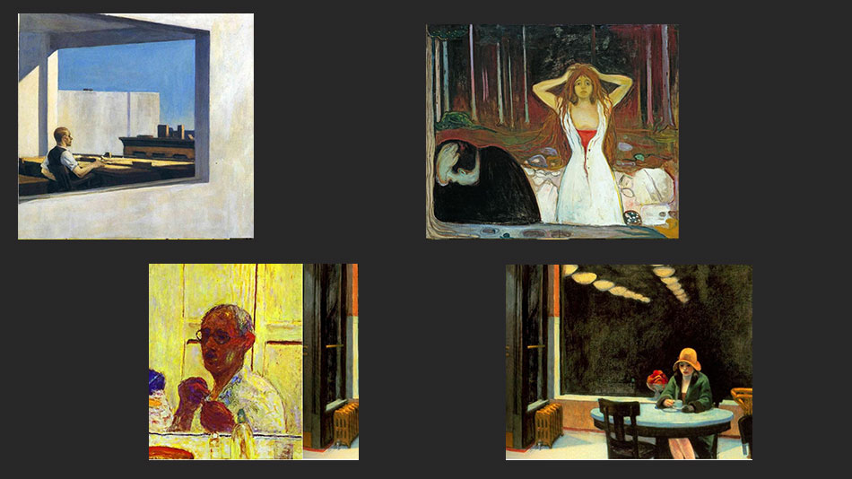 © 1. Office in a Small City. Edward Hopper 2. Ashes. Edvard Munch 3. The Last Self Portrait. Pierre Bonnard 4. Automat. Edward Hopper