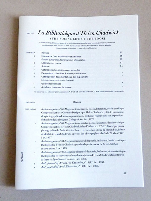 La bibliothèque d'Helen Chadwick - SLOB