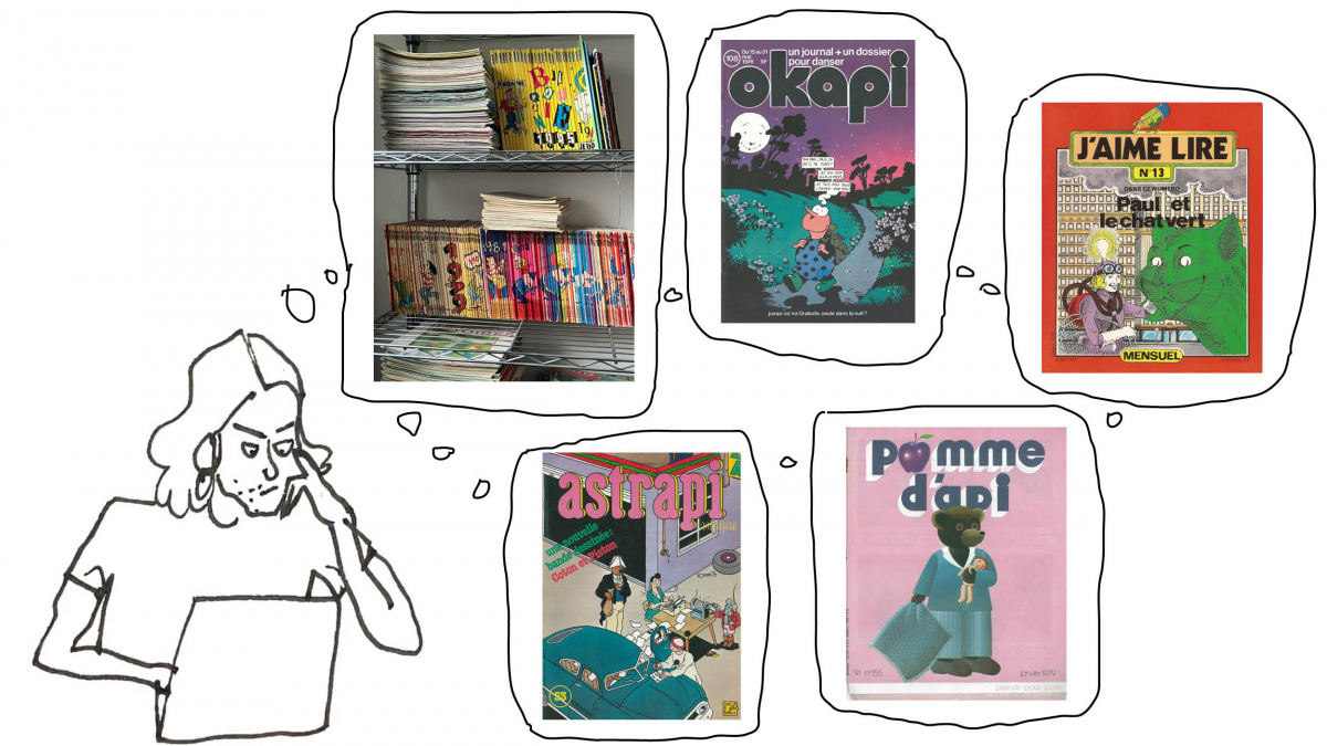 Dessin de Sophie Imren + Couvertures d'Okapi, Petit ours brun, J'aime Lire + bibliothèque personnelle